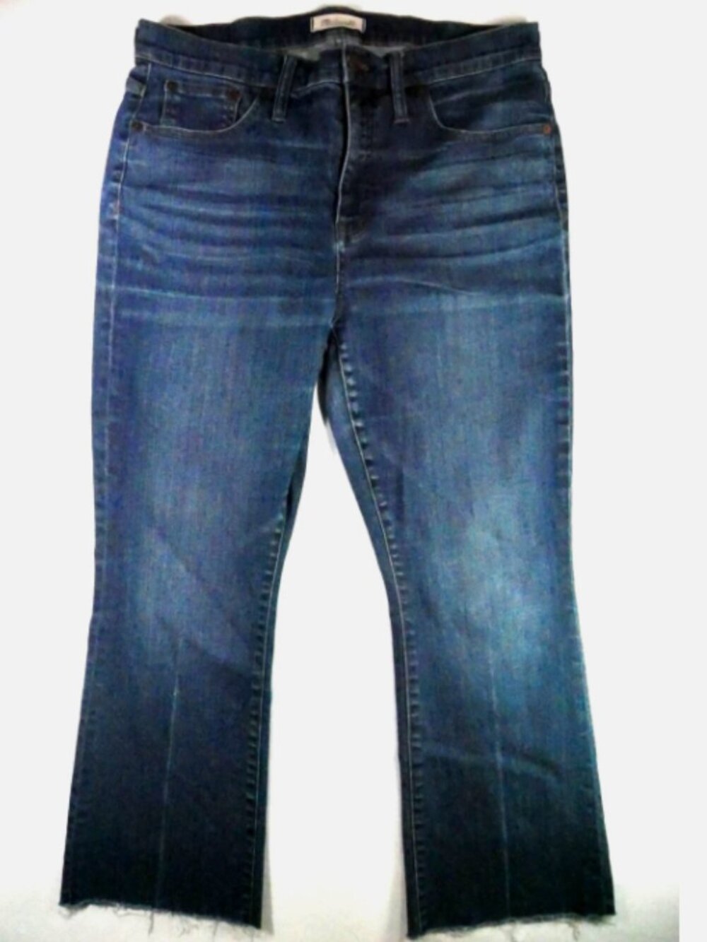 Madewell Cali Demi-Boot Jeans Sz 31 Dark Wash Raw Hem High Rise Flare
